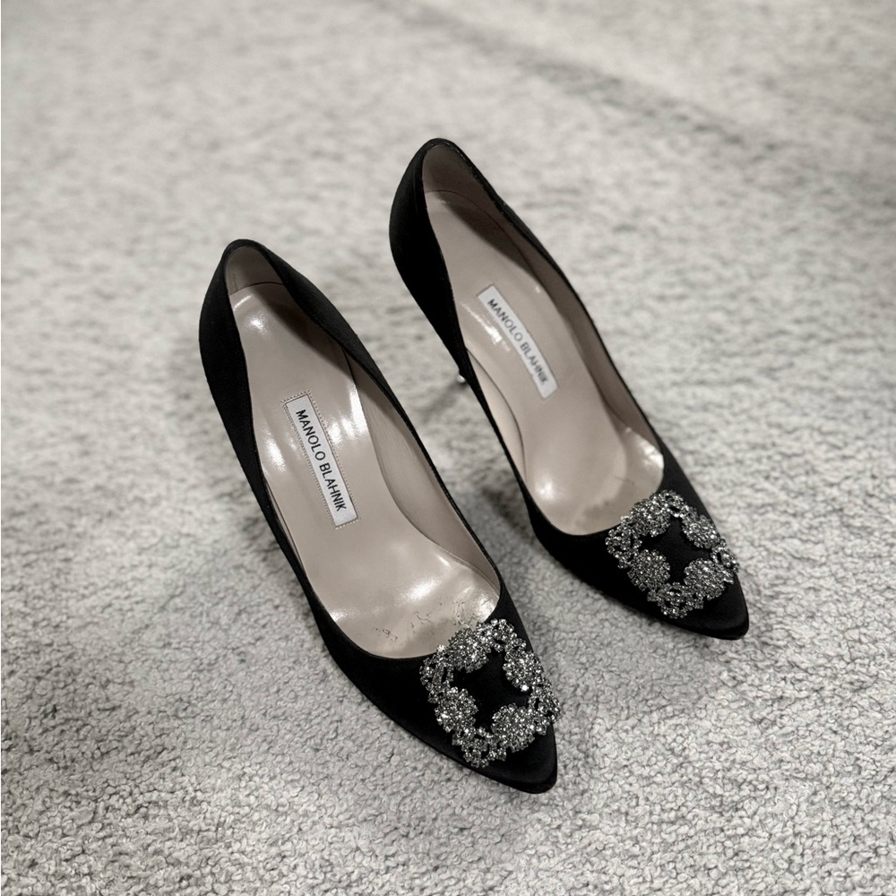 For Sale: Authentic Manolo Blahnik Black Satin Heels – Size 39.5 – Like New!